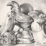 Pencil drawing of two plastic bird whistles with ceramic salt shaker
